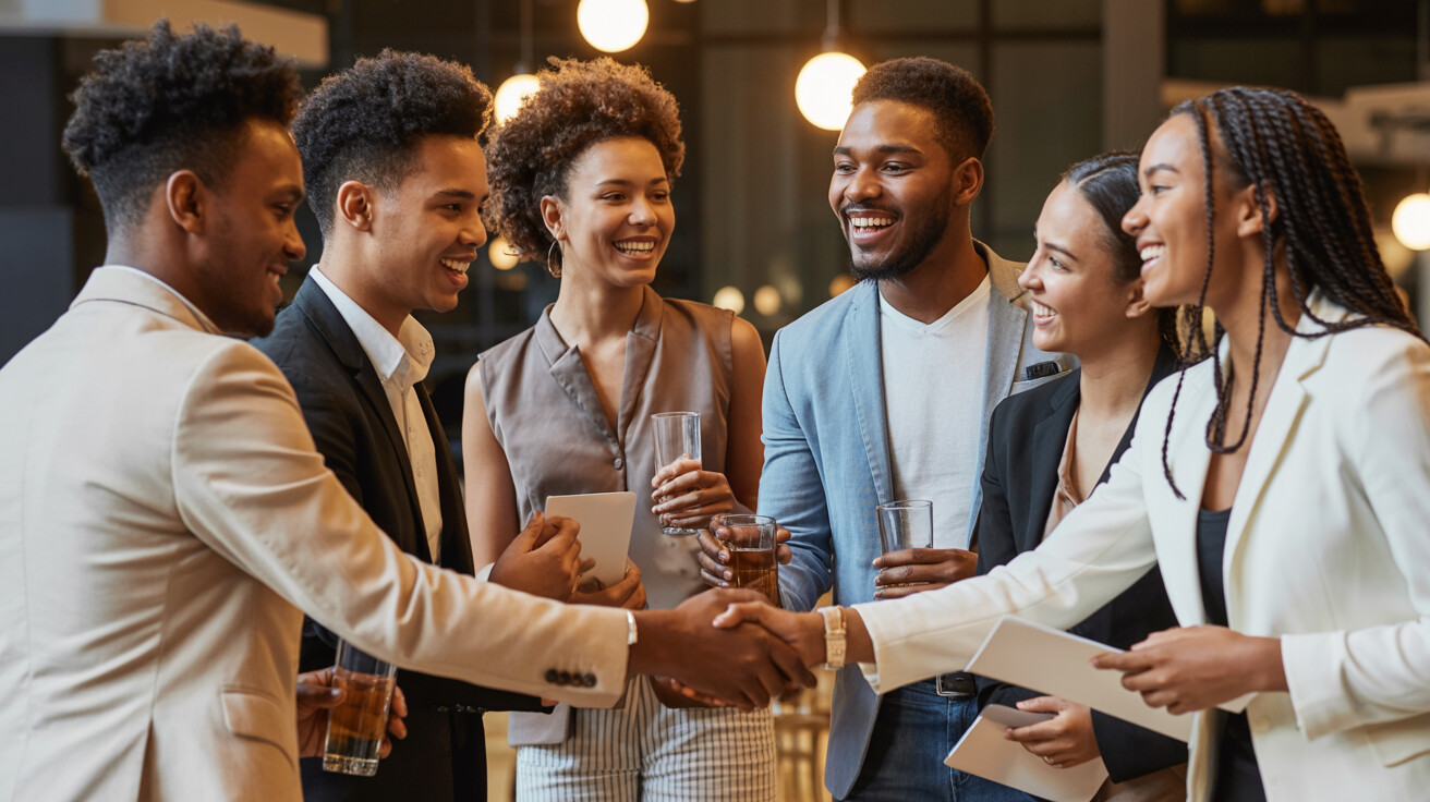 Black African young professionals networking and celebrating at a professional event